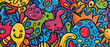 Colorful characters and abstract elements pattern