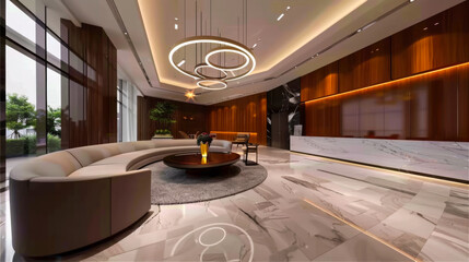 Wall Mural - Luxury hall with waiting area. Contemporary lounge interior with stainless steel, curved sofa, high ceilings and luxurious pendant lighting. Design and interior concept.