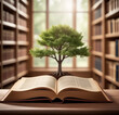 An open book and a green tree in the library. Knowledge concept.