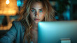 © Wabisabi - Viso di una bella donna in un ufficio moderno illuminata dalla luce dello schermo del pc mentre lavora