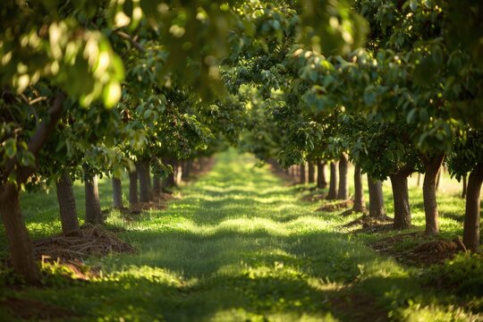 Spring Perspective of a Lush Walnut Orchard in California, with Rows of Fruit Trees and Green