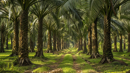 Palm trees rise tall, their trunks forming a unique abstract pattern in the tropical plantation.