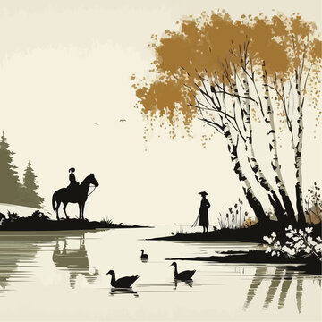 a peaceful natural scene. There is a couple standing on the water bank in the autumn. 