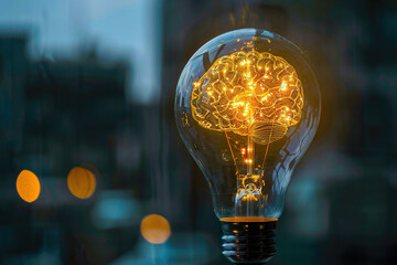 light bulb with a picture of a brain inside in a yellow glow on a blurred background. generated by a