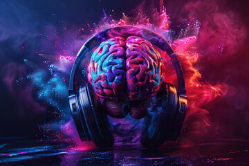 Wall Mural - large headphones are placed on a man's brain in clouds of pink dust. generated by artificial intelli