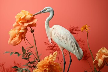 Wall Mural - Elegant Egret Amongst Floral Beauty