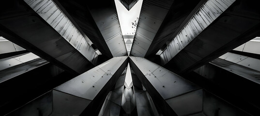 A photo of a structured geometric layout with sharp angles and lines in black and white, emphasizing symmetry and balance