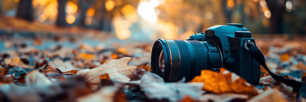A professional DSLR camera lying amongst vibrant autumn leaves, representing the art of capturing the beauty of seasons