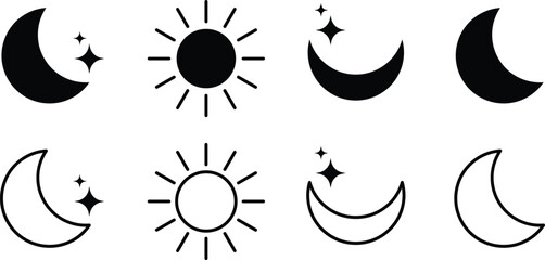 Wall Mural - Set of Moon and stars icons. Sun and moon flat icon. Shining Sun and crescent Moon. Vector Illustration.