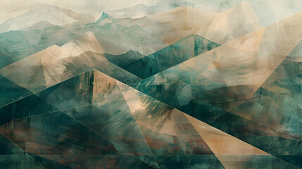 Wall Mural - A photograph depicting a complex geometric landscape with layers of shapes creating the illusion of mountains and valleys in muted green and brown tones