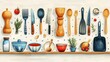 This modern set includes four kitchen utensils - spoon, bowl, fork roller pin, pan - isolated on white. Tableware flat hand drawn modern set in provençal style with trendy textures.