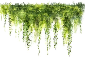 Hanging Moss: Watercolor Hand Drawn Illustration of Tropical Jungle Plant with Green Leaves