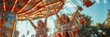 Carousel fun, Happy friends on merry go round in amusement park on a summer day
