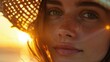 © Summit Art Creations - A closeup shot capturing the sun shining through a womans hat, highlighting her nose, eyebrows, eyelashes, and jaw. She looks happy and exudes beauty and fun with this fashion accessory AIG50