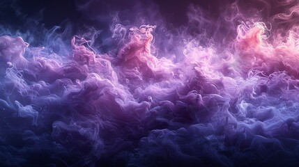 Wall Mural - An abstract fog scene with white cloudiness, mist, or smog moving on a black background. Gorgeous swirling purple smoke on a wide angle.