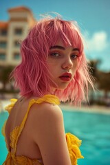 Wall Mural - Happy teenager on summer vacation in a luxury resort. Summer holidays concept.. Portrait of a beautiful teenage tattooed influencer with pink hair and piercings having fun at a luxury resort