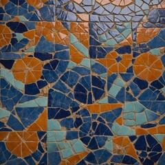 Aufkleber - Mosaic of broken tiles in shades of blue, orange, brown arranged in random pattern. Tiles of various shapes, sizes, grout between them light brown color. Mosaic creates textured.