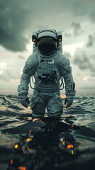 Astronaut, helmet and water with walking for travel to planet, mission for science research and journey to explore moon. Person, spacesuit and protection for adventure in lake with safety and gravity