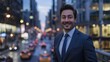 © Vesovic  - A charming young businessman is portrayed with an engaging smile on a city backdrop during twilight, reflecting urban sophistication
