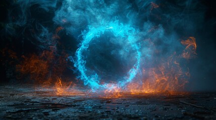 Wall Mural - The Mockup has a neon blue color geometric circle on a dark background. Mockup for your logo has a round mystical portal. Futuristic smoke. Mockup for your logo has futuristic smoke.