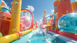 Experience the imaginative and futuristic waterpark concept with vibrant digital art. Colorful water slides. And whimsical pools under a sunny blue sky in a fantasy leisure and entertainment paradise
