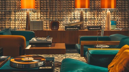 Cozy vintage living room interior with retro furniture and turntable design elements, offering a nostalgic ambiance. 