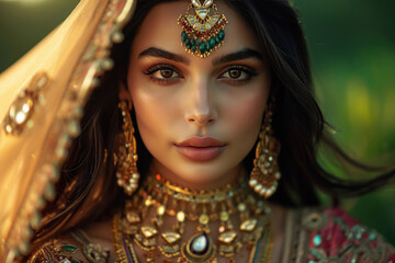 Wall Mural - Young beautiful indian woman in gold jewelery