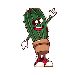 Wall Mural - Groovy happy potted cactus cartoon character with dance pose. Funny retro cacti plant dancing, home and office garden mascot, cartoon cactus in round pot sticker of 70s 80s style vector illustration