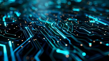 Poster - Abstract background with circuit board lines and glowing elements on black, technology concept ,8k, ultra realistc photo, blue green color scheme