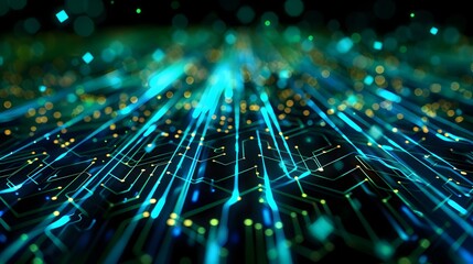 Poster - Abstract background with glowing blue and green circuit board lines on black background Digital technology concept, cyber network connection in cyberspace ,copy space, High quality,