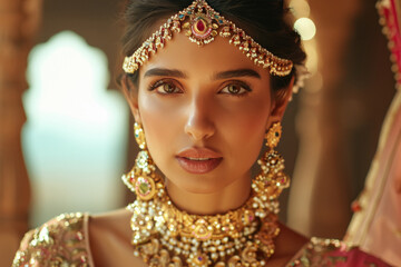 Wall Mural - Young and beautiful indian model wearing gold jewelery