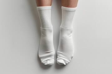 White socks isolated on a white background, in a top view. Ankle cotton socks for man, woman or kids in the style of sporty soccer and basketball socks in a flat lay layout with copy space.