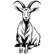 Vector Alpine Goat sitting engraving drawing of wild animal, monochrome isolated artwork