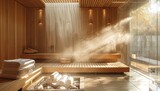 The interior of the wooden steam room is filled with hot air, creating an atmosphere full of warmth and relaxation. The entire space exudes comfort as steaming stones sit on top of each other in front