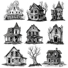 Wall Mural - Set of 9 black and white drawings of an old destroyed monster house, idea for website design or banner for Halloween