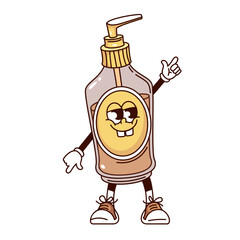 Wall Mural - Groovy bottle of gel cartoon character with pump dispenser and funky smile. Funny retro dance of cosmetic and hygiene package mascot, cartoon gel pack sticker of 70s 80s style vector illustration