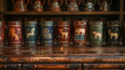 Wall Mural - Thai inspired zodiac silk patterns on a mug, each representing a different animal and its traits