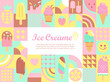 Sweet geometric ice cream banner.Ice creams with different tasties,ice-cream cones,fruits in geometric flat style for flyer,posters,web,design,print.Summer delicacy,sundaes,gelatos.Vector illustration