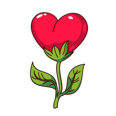 Wall Mural - Groovy cartoon growing plant with glossy red heart and green leaves. Funny retro cute love flower with leaf, Valentines Day mascot, cartoon heart gift sticker of 70s 80s style vector illustration