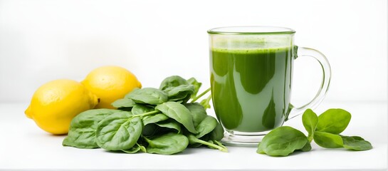 Wall Mural - Green spinach smoothie with lemon. Detox, clean diet. Vegetable drink.