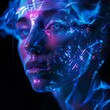 Futuristic portrait of a woman with neon, cybernetic enhancements illuminating her face vividly. Android. Robotic.