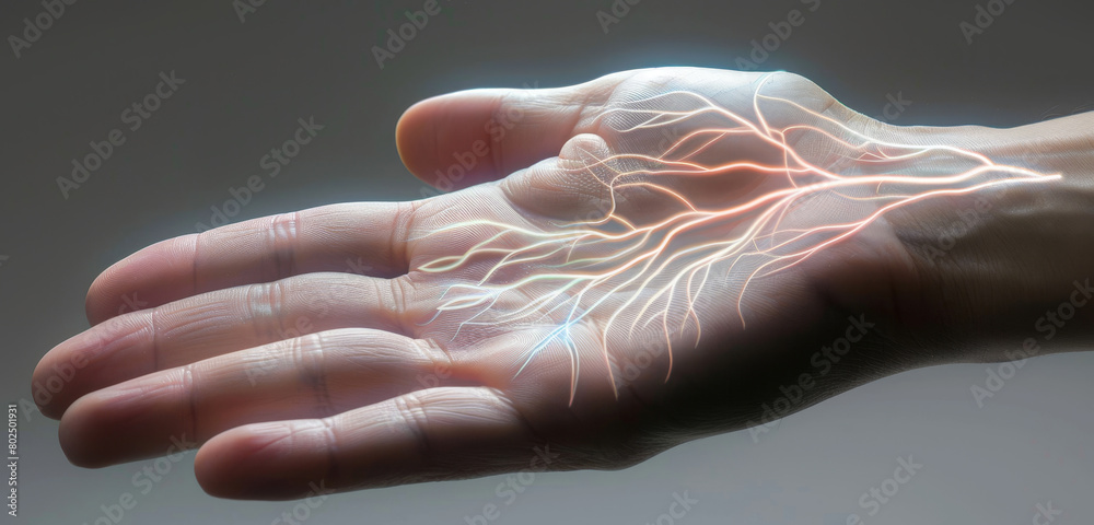 A detailed anatomical illustration of a human hand showing veins and arteries.