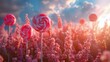 A row of colorful lollipops with a pink background