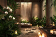 Interior of a spa center filled with numerous plants and candles, creating a serene atmosphere.