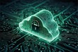 Abstract illustration of cloud security services, stylized cloud icon integrated with a secure padlock symbol, representing data protection and cybersecurity in cloud computing environments