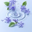 Blooming lilac flowers with leaves. A flowing drop of thick gel. Body care product advertising concept.