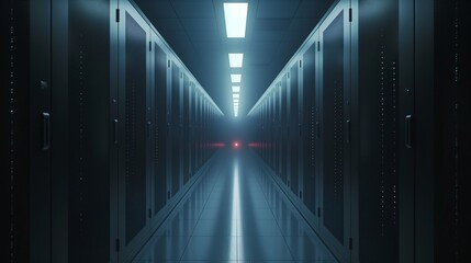 Wall Mural - futuristic data center with narrow aisle and neon lights