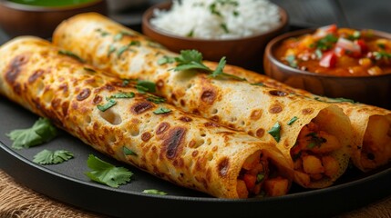 Masala dosa with crispy rice crepe filled with spiced potatoes. AI generate illustration