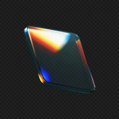 Wall Mural - 3d glass square shape with refraction and holographic effect isolated on black background. render tr