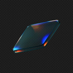 Wall Mural - 3d glass square shape with refraction and holographic effect isolated on black background. Render transparent crystal glass button with dispersion light, rainbow gradient. 3d vector illustration
